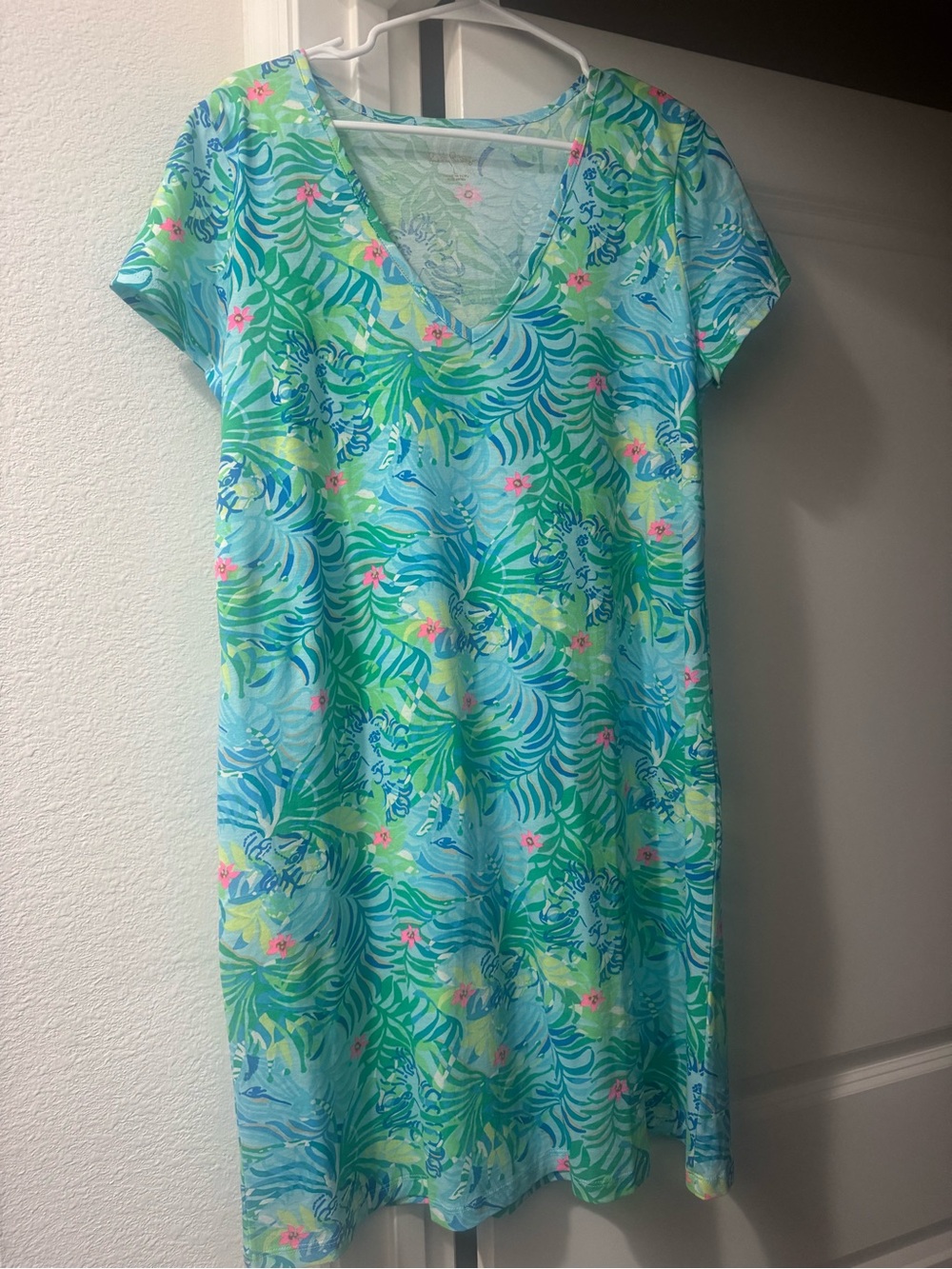 Lilly Pulitzer Aqua and Green Tropical V-Neck Shift Dress with Pink Accents